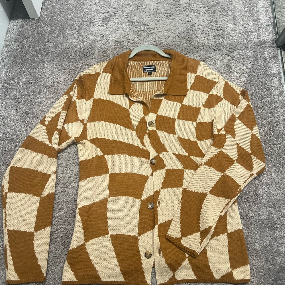 Brown and Cream Checkered Cardigan